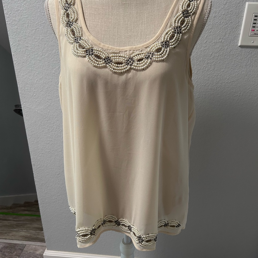 Sheer Cream Sleeveless Top with Pearl and Bead Embellishment